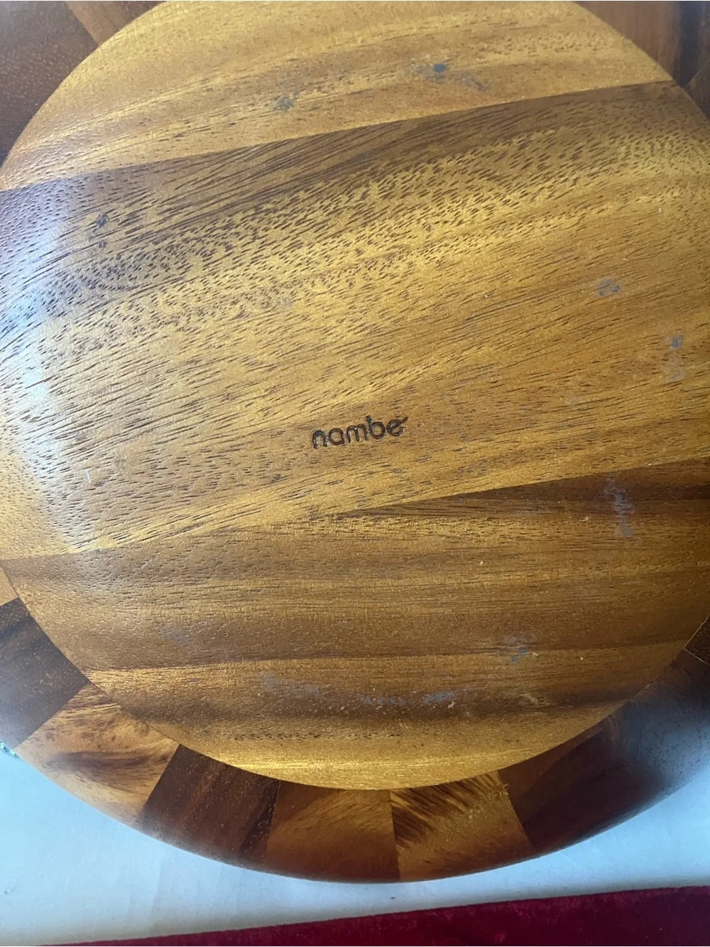 Nambe Braid Collection Large Oval Acacia Wood Handled Salad Serving Bowl USED.